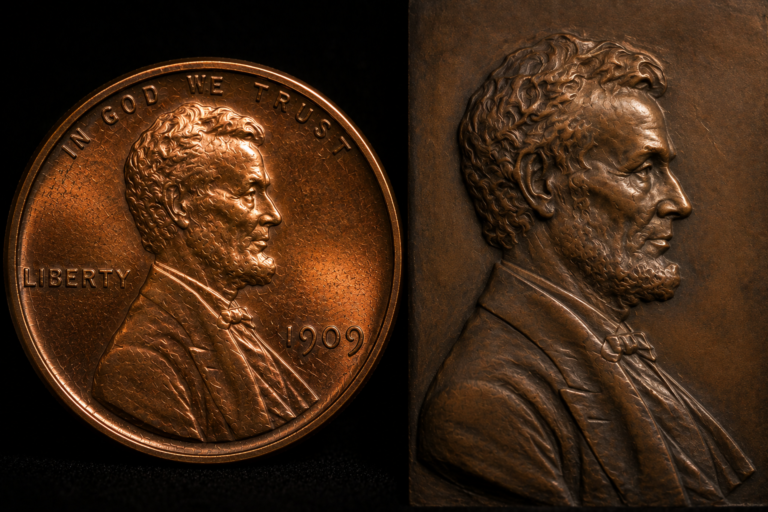 Lincoln Wheat Penny displayed beside earlier U.S. Liberty coins.