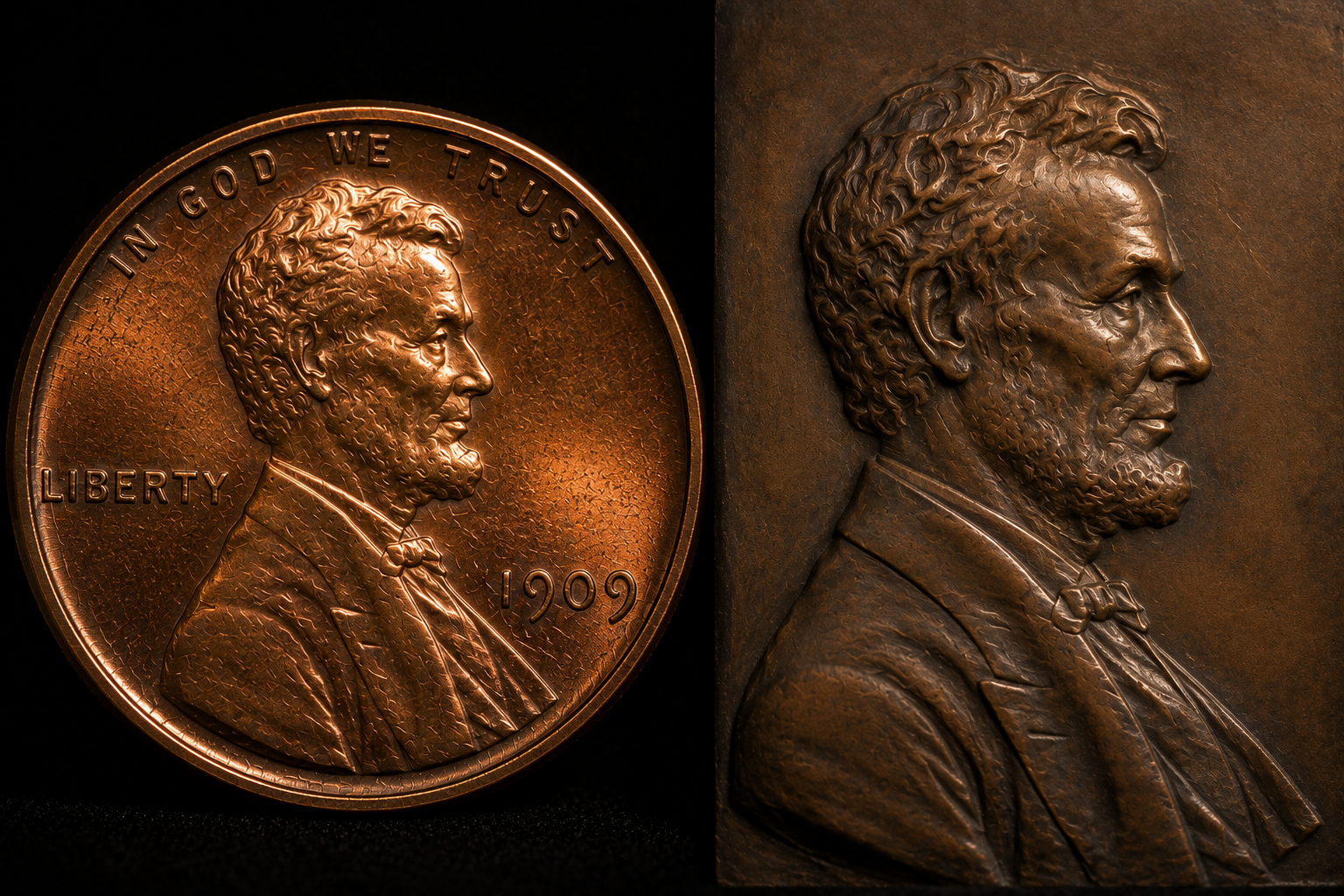 Lincoln Wheat Penny displayed beside earlier U.S. Liberty coins.