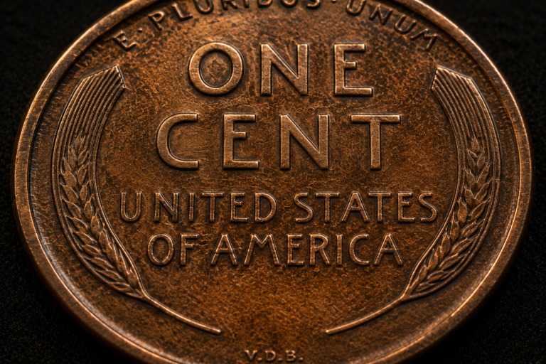 Reverse of a Lincoln Wheat Penny showing the small VDB initials between the wheat ears.