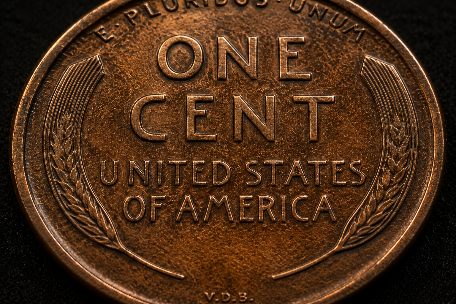 Reverse of a Lincoln Wheat Penny showing the small VDB initials between the wheat ears.