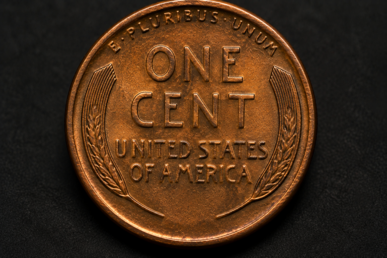 Reverse of an early Lincoln Wheat Penny showing Victor David Brenner's two stylized wheat stalks.