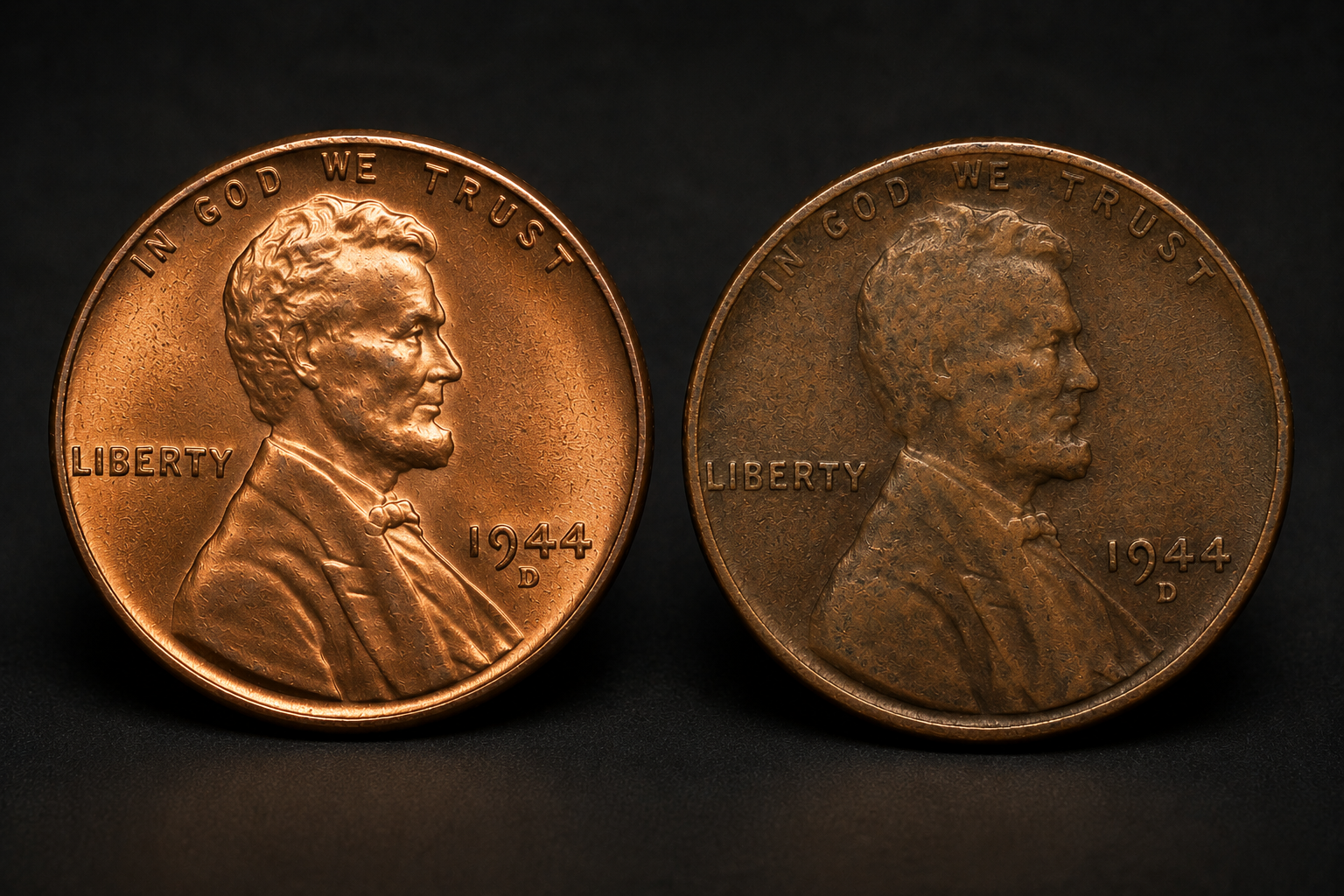 Two Lincoln Wheat Pennies from the same year showing different color, wear, strike, and surface preservation.