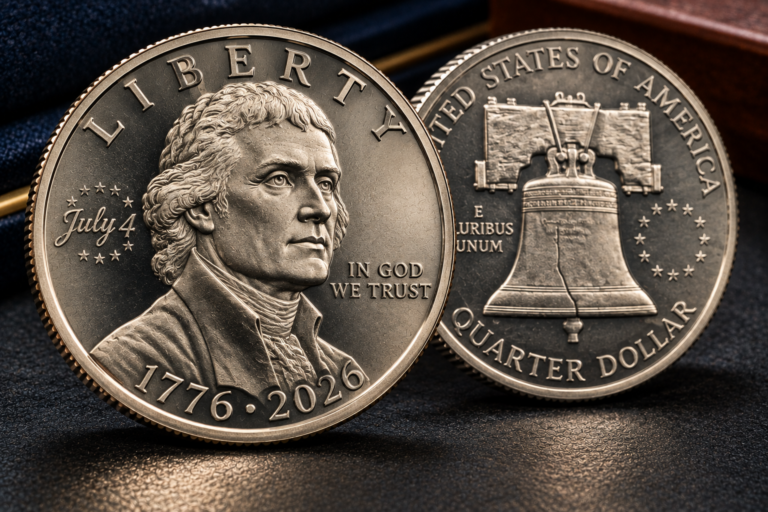 2026 Declaration of Independence Quarter showing the special July 4 privy mark beside Thomas Jefferson's portrait and no mint mark.